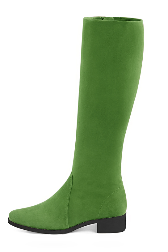 Grass green women's riding knee-high boots. Round toe. Low leather soles. Made to measure. Profile view - Florence KOOIJMAN